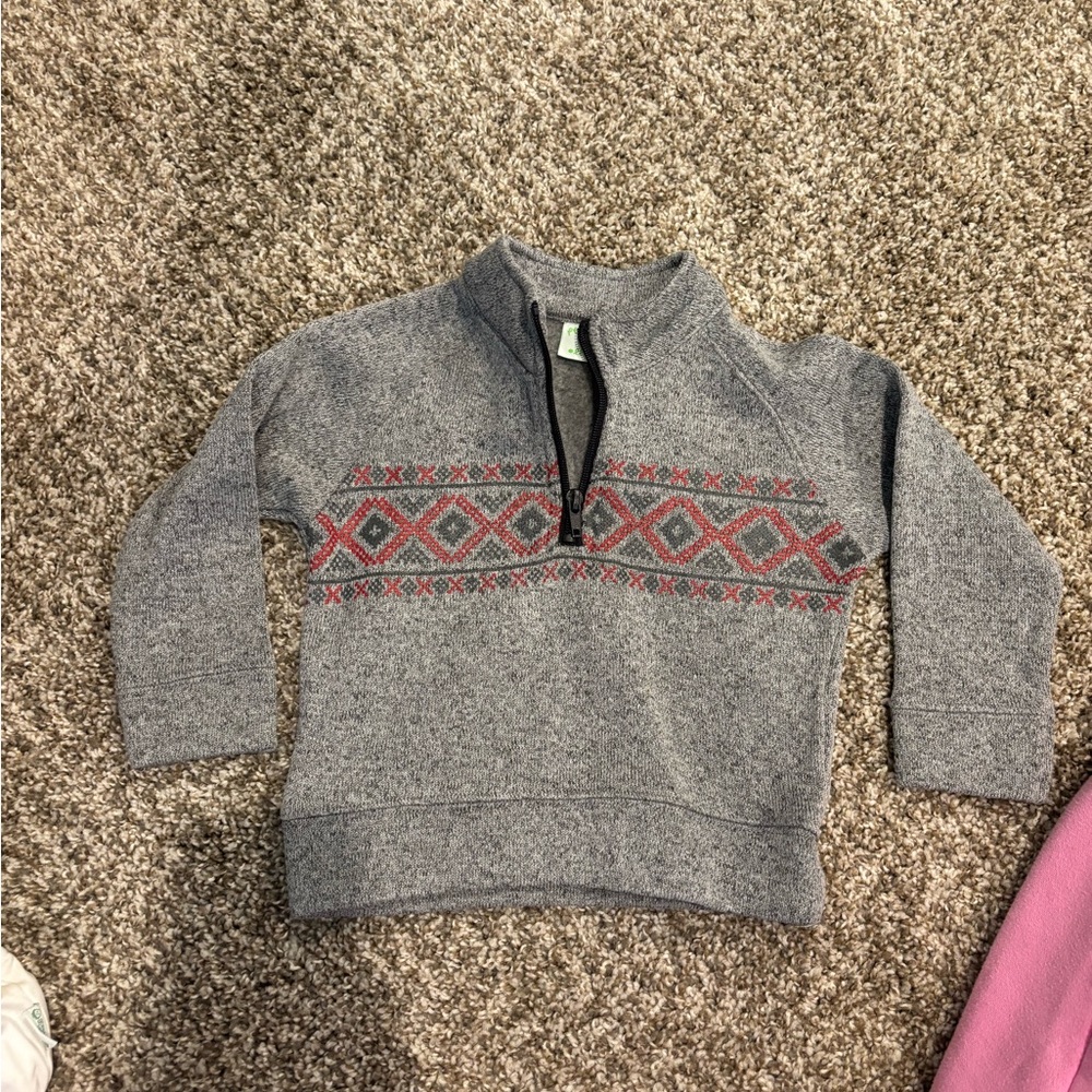 Gray and Red Quarter-Zip Hoodie with Nordic Design